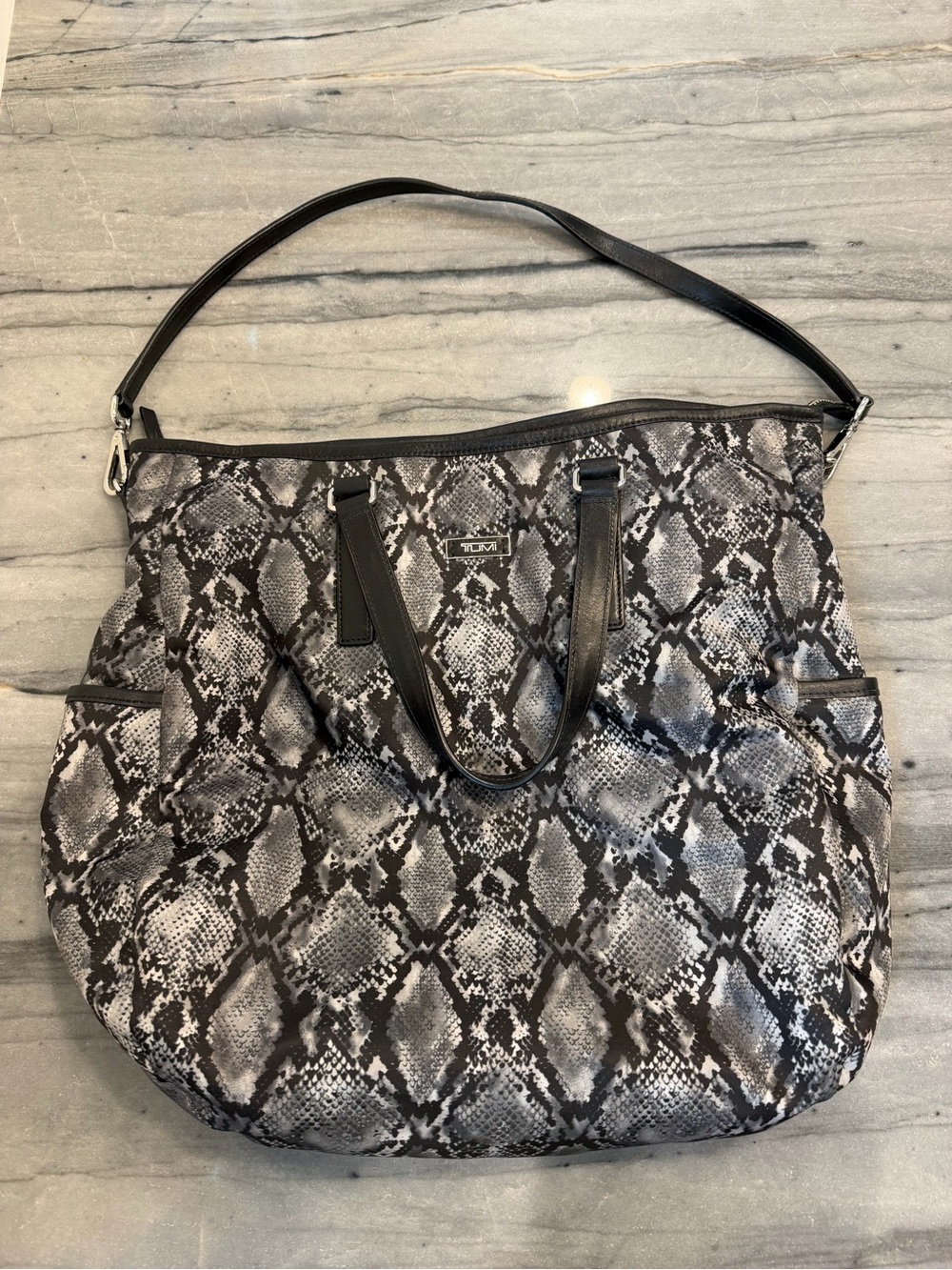 Tumi Gray Snake-Print Tote with Black Leather Straps